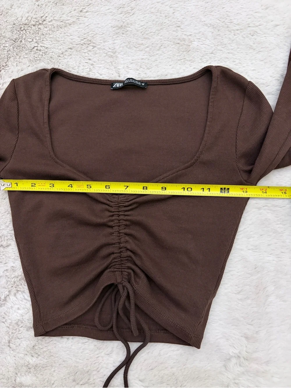 Zara Espresso Brown Ribbed Ruched Drawstring Crop Top Size S